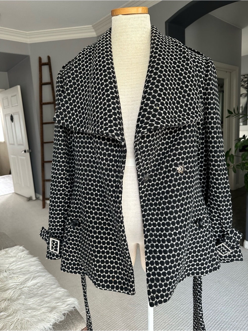 Kenar Black & White Patterned Belted Trench Jacket Size 12 - Picture 4 of 15